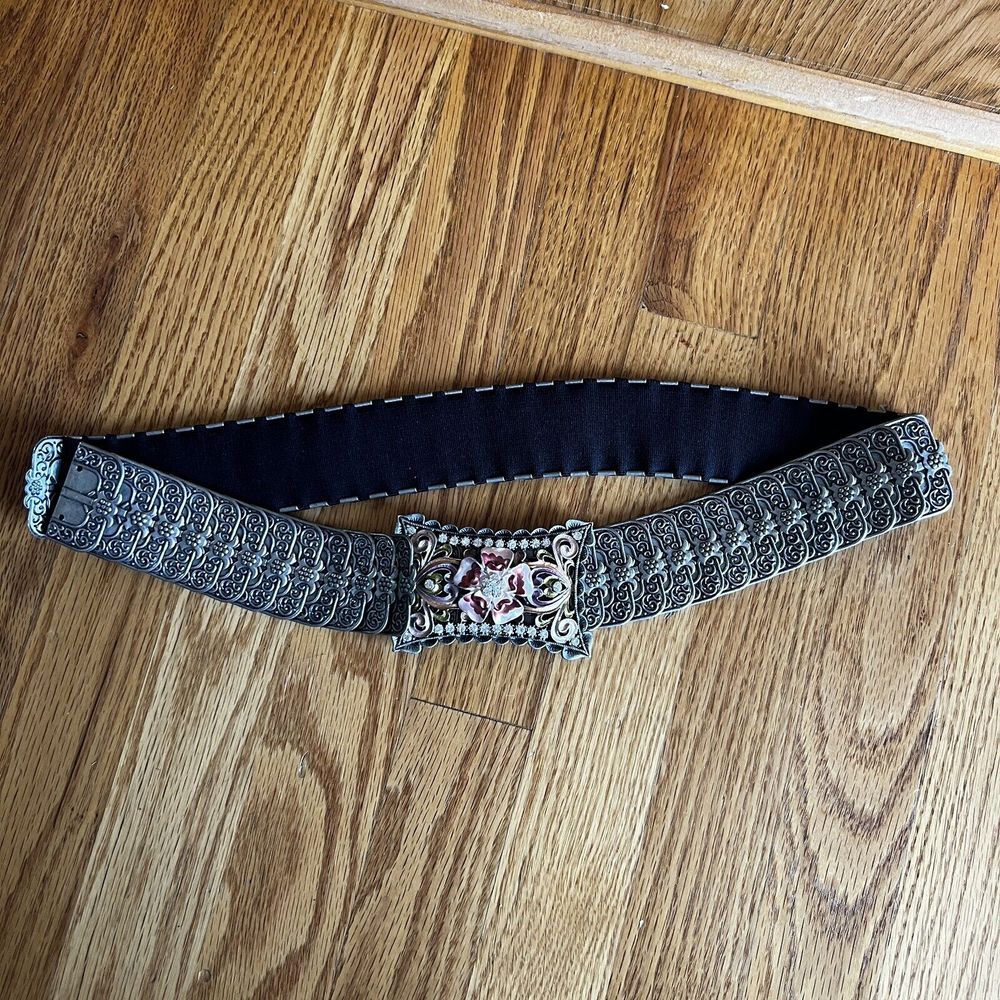 Silver Metal‎ And Elastic Link Belt With Enamel And Rhinestone Buckle Women's